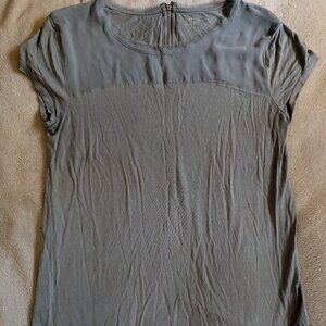 WOMEN'S LOFT SHIRT Anne Taylor Medium Length Short Sleeve T Green Blue Sheer Zip